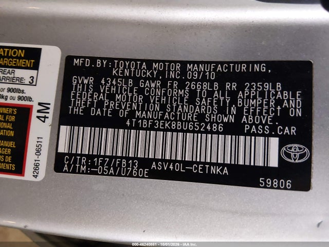 46240881 :رقم المزاد ، 4T1BF3EK8BU652486 vin ، 2011 Toyota Camry Le مزاد بيع