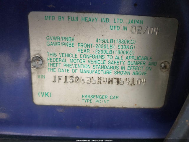 Aukcja sprzedaży 2004 Subaru Forester 2.5x, vin: JF1SG636X4H764104, numer aukcji: 46240882