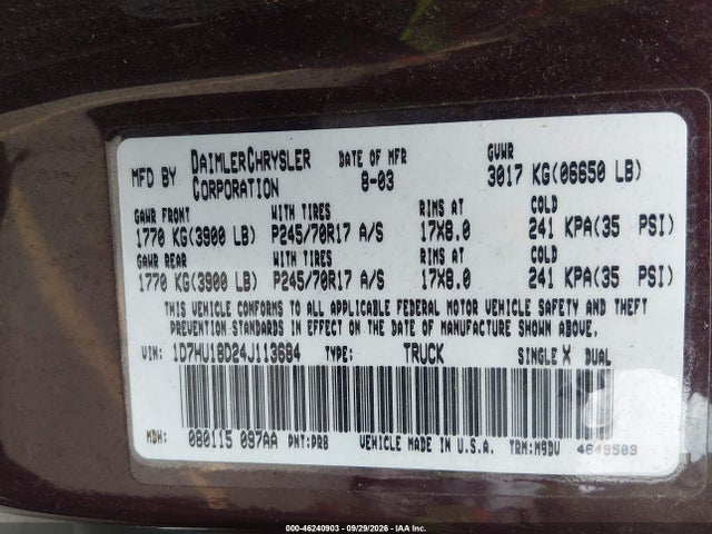 Продаж на аукціоні авто 2004 Dodge Ram 1500 Slt/laramie, vin: 1D7HU18D24J113684, номер лоту: 46240903