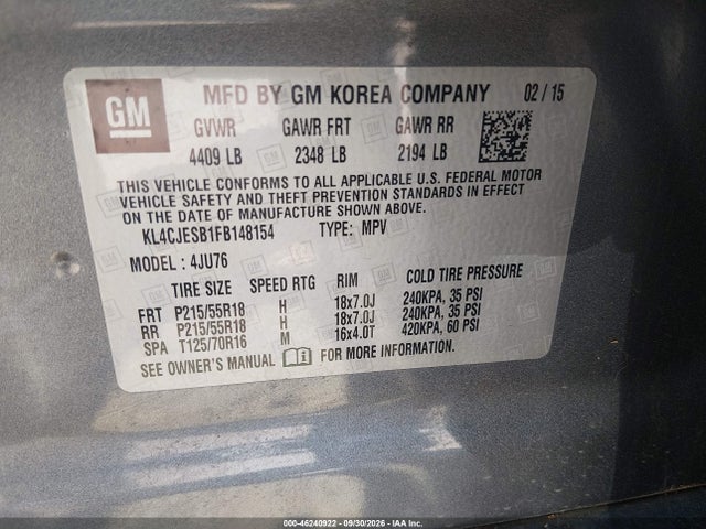 Продаж на аукціоні авто 2015 Buick Encore, vin: KL4CJESB1FB148154, номер лоту: 46240922