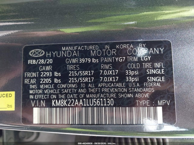 Aukcja sprzedaży 2020 Hyundai Kona Sel, vin: KM8K22AA1LU561130, numer aukcji: 46240938