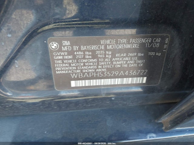 2009 Bmw 328i მანქანა იყიდება აუქციონზე, vin: WBAPH53529A436722, აუქციონის ნომერი: 46240951