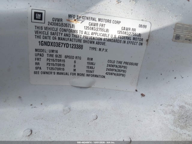 46240974 :رقم المزاد ، 1GNDX03E7YD123388 vin ، 2000 Chevrolet Venture Lt مزاد بيع