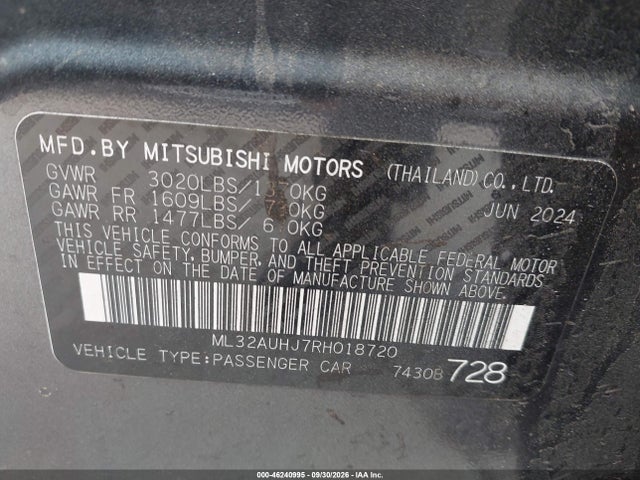 Продажа на аукционе авто 2024 Mitsubishi Mirage Es/le, vin: ML32AUHJ7RH018720, номер лота: 46240995