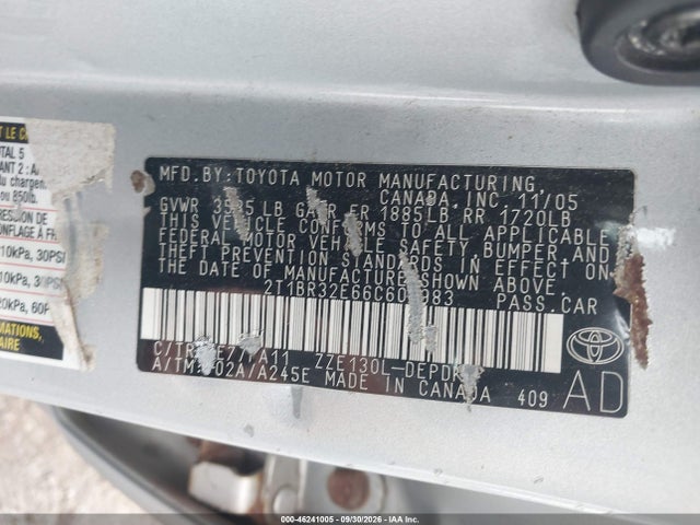 Продажа на аукционе авто 2006 Toyota Corolla Ce/le/s, vin: 2T1BR32E66C604983, номер лота: 46241005