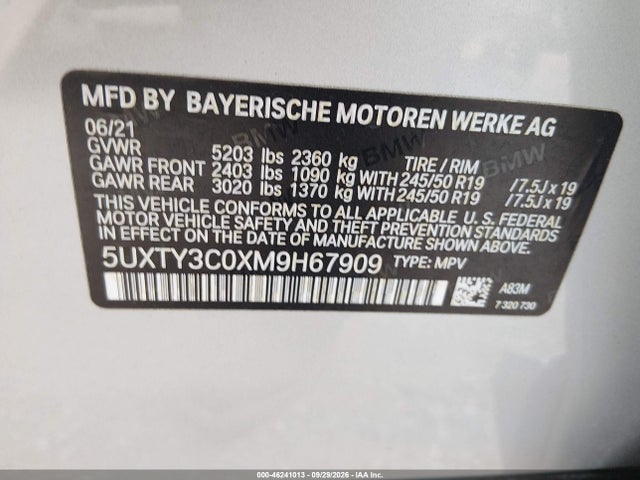 BMW X3 Sdrive30i 2021 5UXTY3C0XM9H67909 Image 9