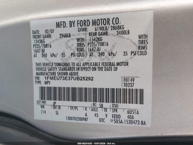 Продаж на аукціоні авто 2007 Ford Explorer Xlt, vin: 1FMEU73E37UB25292, номер лоту: 46241020