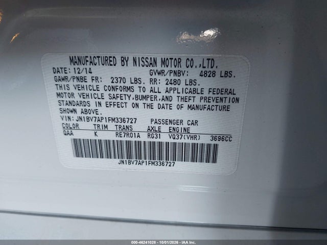 Продажа на аукционе авто 2015 Infiniti Q50, vin: JN1BV7AP1FM336727, номер лота: 46241028