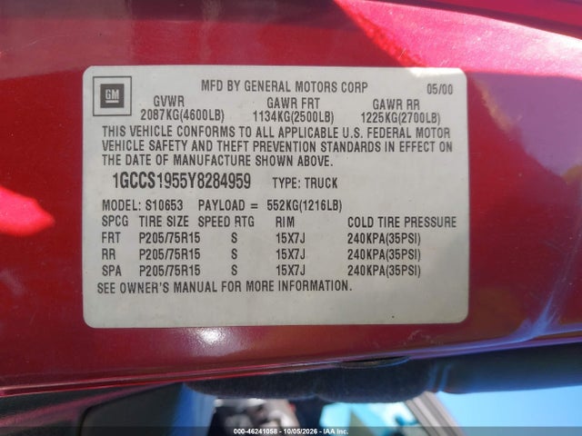 46241058 :رقم المزاد ، 1GCCS1955Y8284959 vin ، 2000 Chevrolet S-10 Ls مزاد بيع