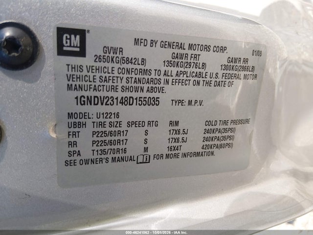 46241062 :رقم المزاد ، 1GNDV23148D155035 vin ، 2008 Chevrolet Uplander Ls مزاد بيع