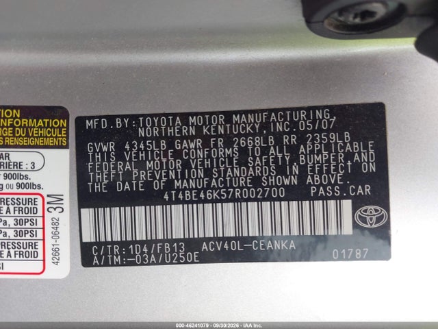 46241079 :رقم المزاد ، 4T4BE46K57R002700 vin ، 2007 Toyota Camry Ce مزاد بيع