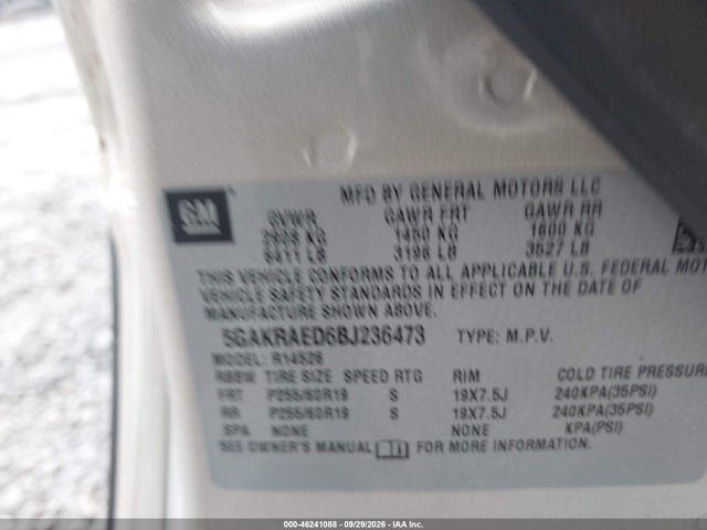 46241088 :رقم المزاد ، 5GAKRAED6BJ236473 vin ، 2011 Buick Enclave Cx مزاد بيع