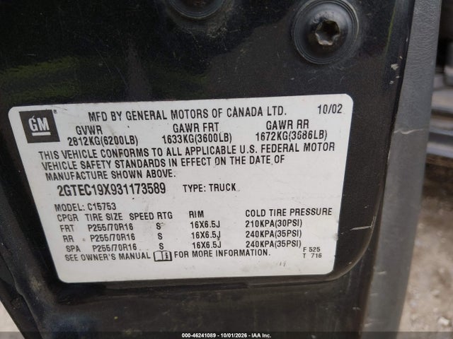 Продаж на аукціоні авто 2003 Gmc Sierra 1500 Work Truck, vin: 2GTEC19X931173589, номер лоту: 46241089
