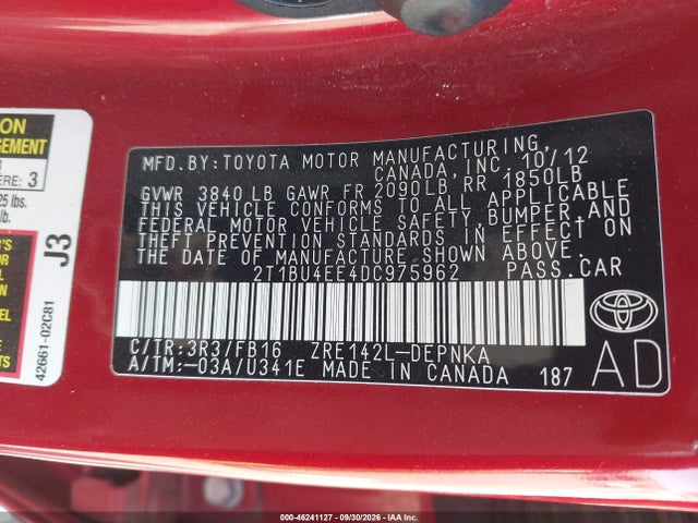 Продаж на аукціоні авто 2013 Toyota Corolla Le, vin: 2T1BU4EE4DC975962, номер лоту: 46241127