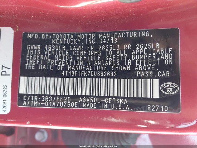 46241136 :رقم المزاد ، 4T1BF1FK7DU682682 vin ، 2013 Toyota Camry Se مزاد بيع