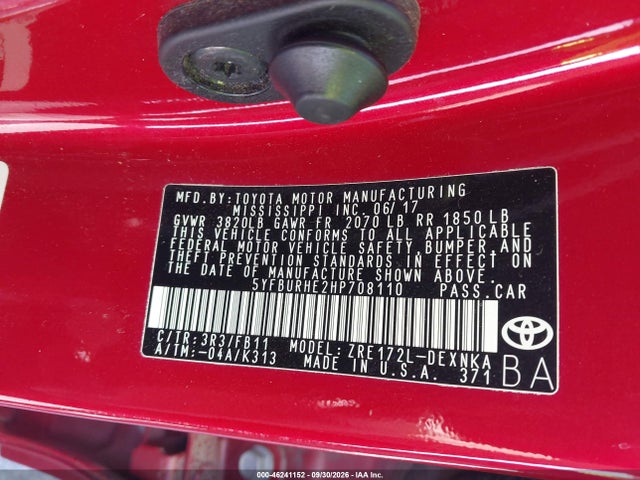 Продаж на аукціоні авто 2017 Toyota Corolla Le, vin: 5YFBURHE2HP708110, номер лоту: 46241152