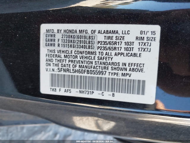 46241154 :رقم المزاد ، 5FNRL5H60FB055997 vin ، 2015 Honda Odyssey Ex-l مزاد بيع