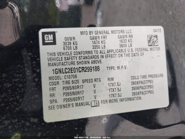 Aukcja sprzedaży 2012 Chevrolet Tahoe Commercial Fleet, vin: 1GNLC2E01CR299188, numer aukcji: 46241155