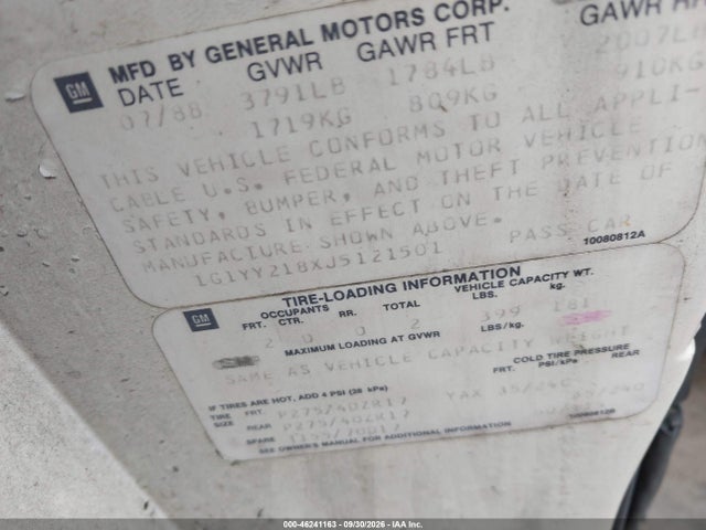 46241163 :رقم المزاد ، 1G1YY218XJ5121501 vin ، 1988 Chevrolet Corvette مزاد بيع
