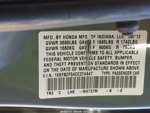 Продаж на аукціоні авто 2012 Honda Civic Lx, vin: 19XFB2F54CE374447, номер лоту: 46241179