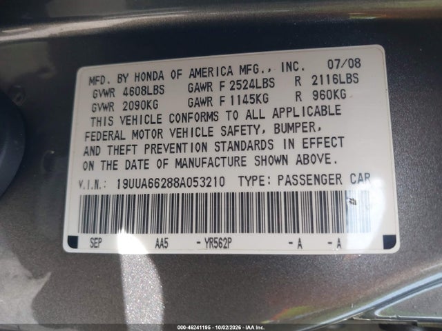 46241195 :رقم المزاد ، 19UUA66288A053210 vin ، 2008 Acura Tl 3.2 مزاد بيع