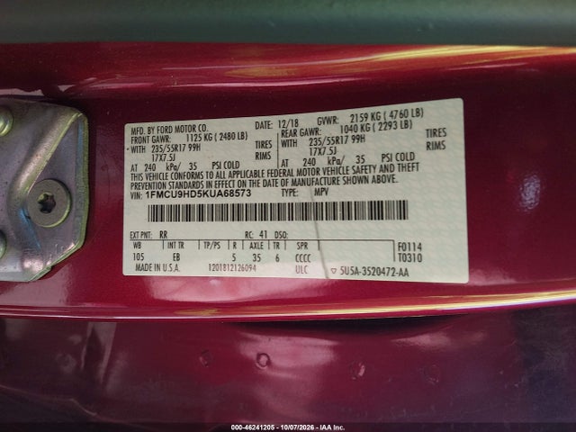 2019 Ford Escape Sel მანქანა იყიდება აუქციონზე, vin: 1FMCU9HD5KUA68573, აუქციონის ნომერი: 46241205