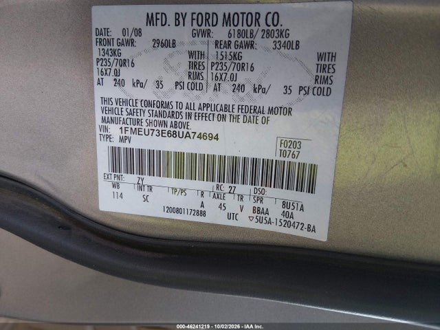 2008 Ford Explorer Xlt მანქანა იყიდება აუქციონზე, vin: 1FMEU73E68UA74694, აუქციონის ნომერი: 46241219