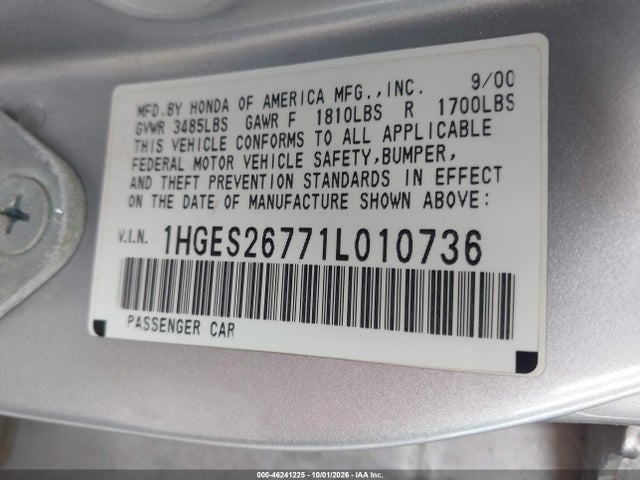 46241225 :رقم المزاد ، 1HGES26771L010736 vin ، 2001 Honda Civic Ex مزاد بيع