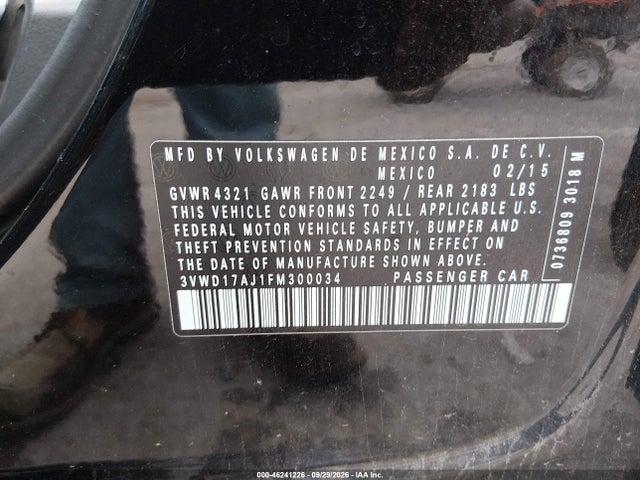 Продажа на аукционе авто 2015 Volkswagen Jetta 1.8t Se, vin: 3VWD17AJ1FM300034, номер лота: 46241226