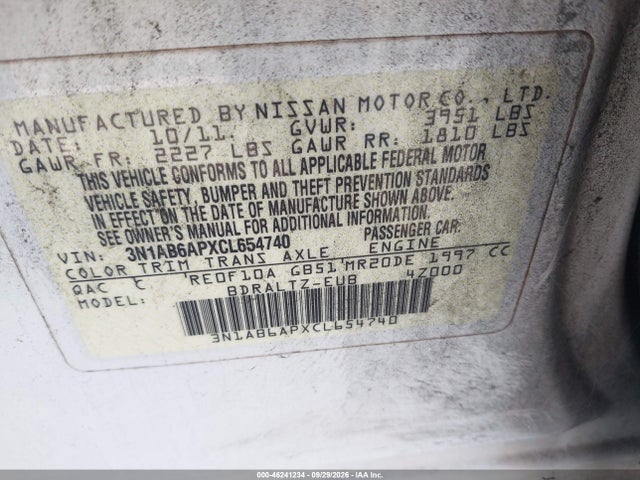 46241234 :رقم المزاد ، 3N1AB6APXCL654740 vin ، 2012 Nissan Sentra 2.0 S مزاد بيع