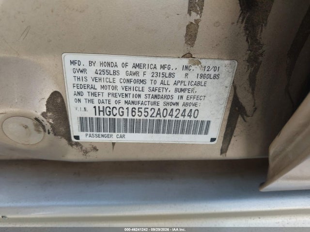 Aukcja sprzedaży 2002 Honda Accord 3.0 Ex, vin: 1HGCG16552A042440, numer aukcji: 46241242