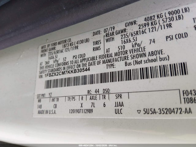 46241254 :رقم المزاد ، 1FBZX2CM7KKB30544 vin ، 2019 Ford Transit-350 Xlt مزاد بيع