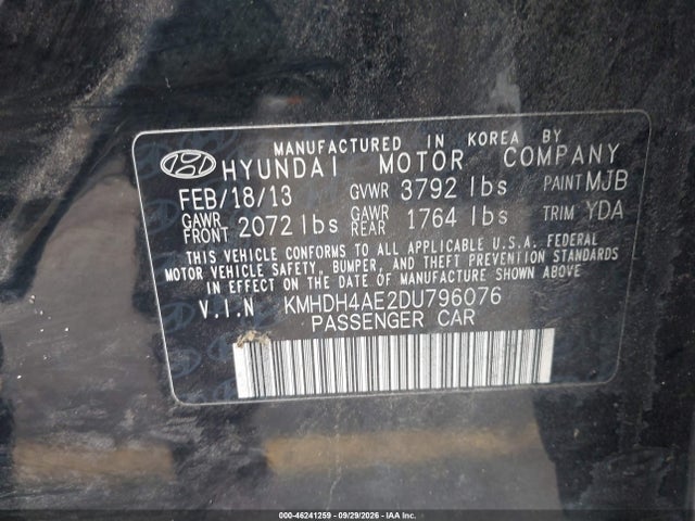 2013 Hyundai Elantra Gls მანქანა იყიდება აუქციონზე, vin: KMHDH4AE2DU796076, აუქციონის ნომერი: 46241259