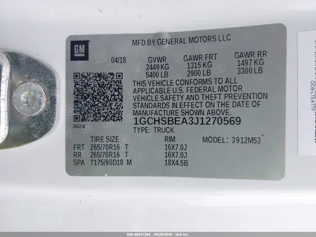 2018 Chevrolet Colorado Wt მანქანა იყიდება აუქციონზე, vin: 1GCHSBEA3J1270569, აუქციონის ნომერი: 46241268