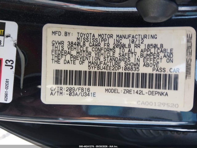 Aukcja sprzedaży 2013 Toyota Corolla Le, vin: 5YFBU4EE2DP108835, numer aukcji: 46241276