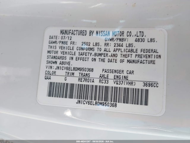 Aukcja sprzedaży 2013 Infiniti G37x, vin: JN1CV6EL8DM950368, numer aukcji: 46241287