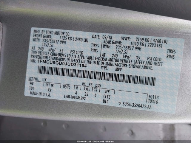 Aukcja sprzedaży 2018 Ford Escape Se, vin: 1FMCU9GD0JUD31164, numer aukcji: 46241323