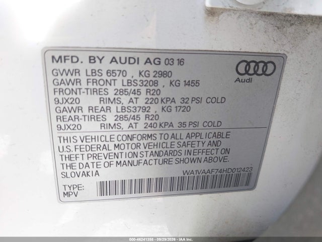 46241358 :رقم المزاد ، WA1VAAF74HD012423 vin ، 2017 Audi Q7 3.0t Premium مزاد بيع