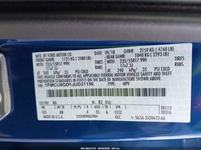 Aukcja sprzedaży 2018 Ford Escape Se, vin: 1FMCU9GD1JUD31156, numer aukcji: 46241379