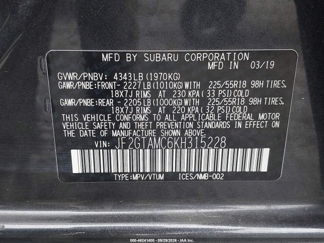 JF2GTAMC6KH315228 Subaru Crosstrek 2.0i Limited