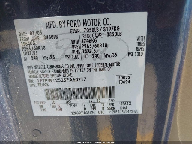 Продаж на аукціоні авто 2005 Ford F-150 Lariat/xlt, vin: 1FTPW12525FA60717, номер лоту: 46241405