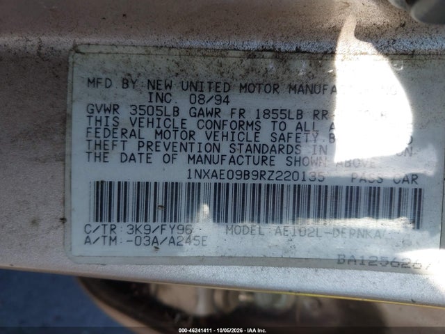 Aukcja sprzedaży 1994 Toyota Corolla Le/dx, vin: 1NXAE09B9RZ220135, numer aukcji: 46241411