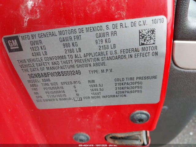 46241416 :رقم المزاد ، 3GNBABFW3BS559249 vin ، 2011 Chevrolet Hhr Lt مزاد بيع