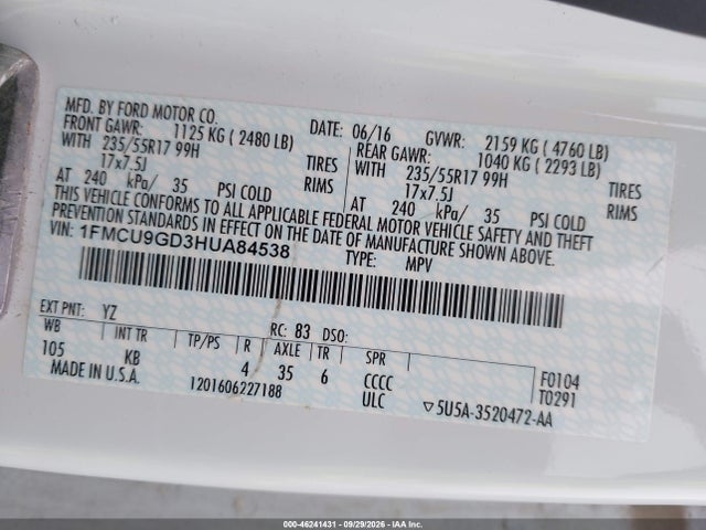 Aukcja sprzedaży 2017 Ford Escape Se, vin: 1FMCU9GD3HUA84538, numer aukcji: 46241431