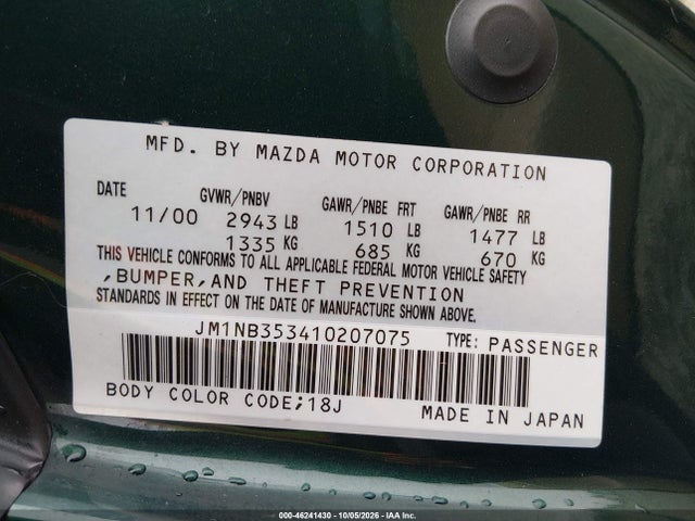 Продажа на аукционе авто 2001 Mazda Mx-5 Miata Ls/special Edition, vin: JM1NB353410207075, номер лота: 46241430