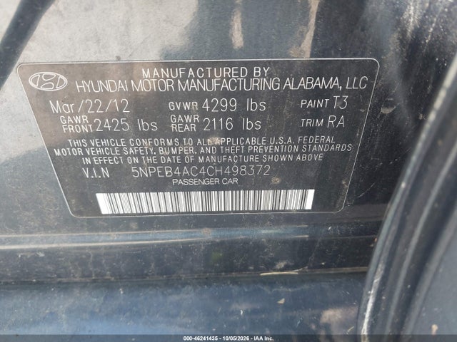 Продаж на аукціоні авто 2012 Hyundai Sonata Gls, vin: 5NPEB4AC4CH498372, номер лоту: 46241435