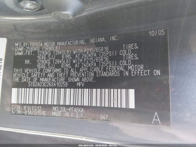 2006 Toyota Sienna Le მანქანა იყიდება აუქციონზე, vin: 5TDZA23C26S410259, აუქციონის ნომერი: 46241438