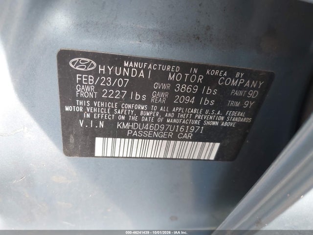 Aukcja sprzedaży 2007 Hyundai Elantra Gls/limited/se, vin: KMHDU46D97U161971, numer aukcji: 46241439