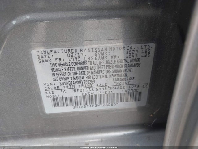 2017 Nissan Sentra S მანქანა იყიდება აუქციონზე, vin: 3N1AB7AP3HY280259, აუქციონის ნომერი: 46241442