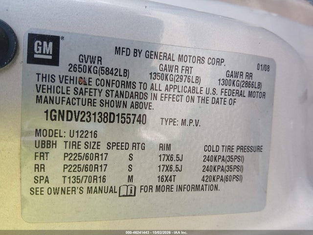46241443 :رقم المزاد ، 1GNDV23138D155740 vin ، 2008 Chevrolet Uplander Ls مزاد بيع